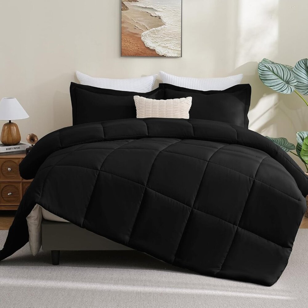 New Black Queen Comforter Set, 3-Piece Box Stitched Bedding, Down Alternative - Picture 10 of 13